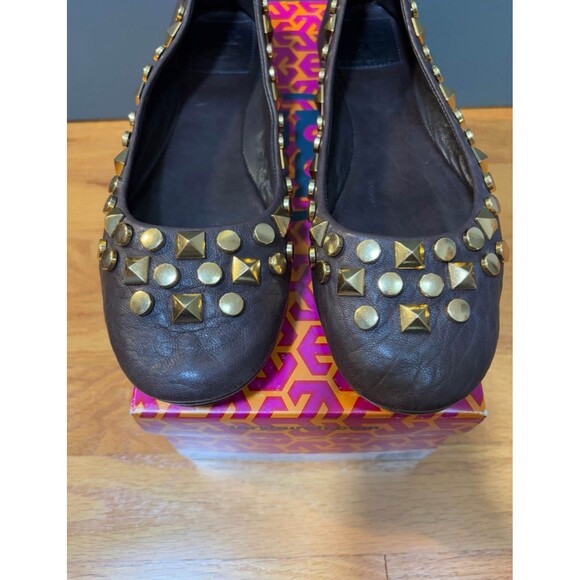 Tory Burch studded Lamb Leather Baller Flats Brown  8.5 - Picture 6 of 7